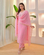 The52 Pink Women's Beautiful Chikankari Work Chanderi Fabric Straight Kurta Pant and Dupatta Set | Grocsy