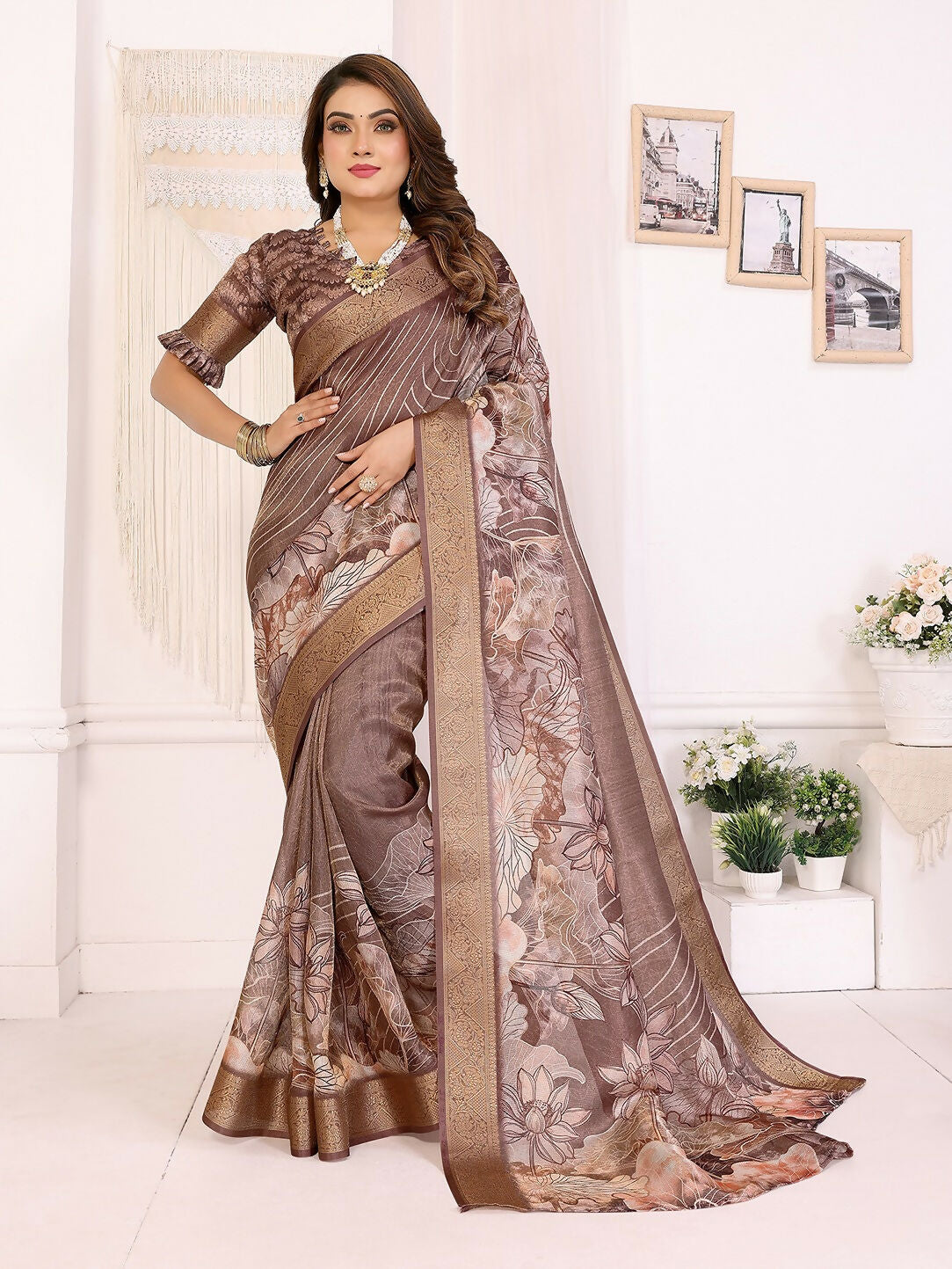Joban Fashion Brown Floral Print pattern Banarasi Silk Sarees | Grocsy