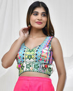 Amodini Designer Studio Vibrant Geometric Print Jacquard Green Blouse for Women | Grocsy