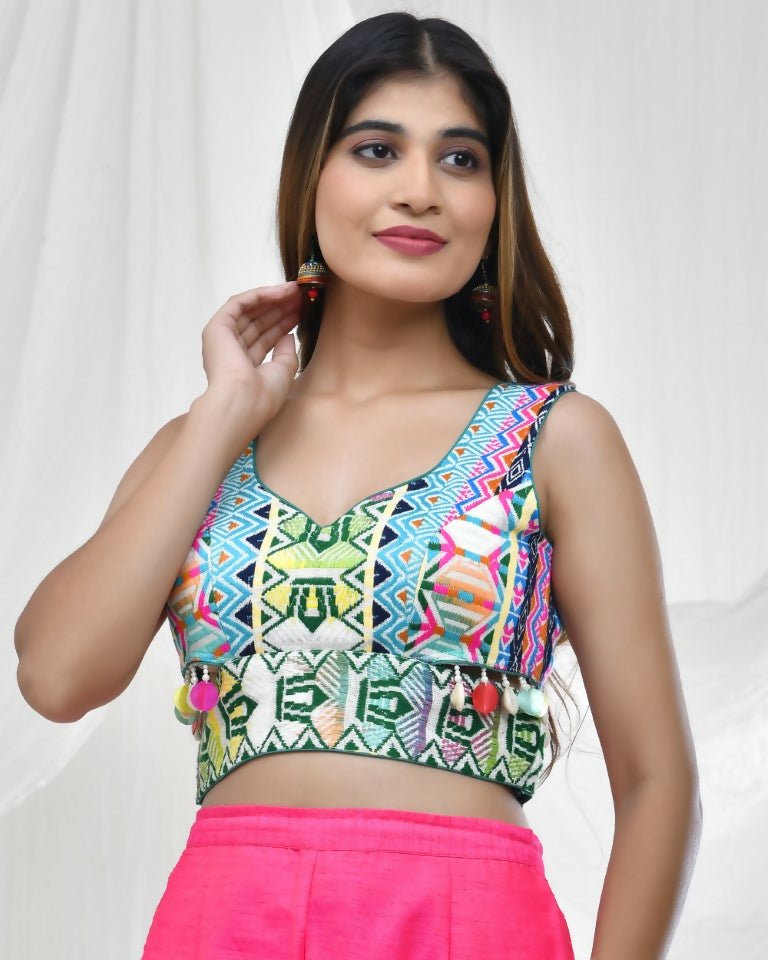 Amodini Designer Studio Vibrant Geometric Print Jacquard Green Blouse for Women | Grocsy