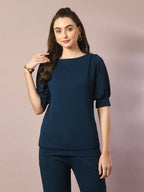 Myshka Women's Blue Solid Boat Neck Party Top | Grocsy