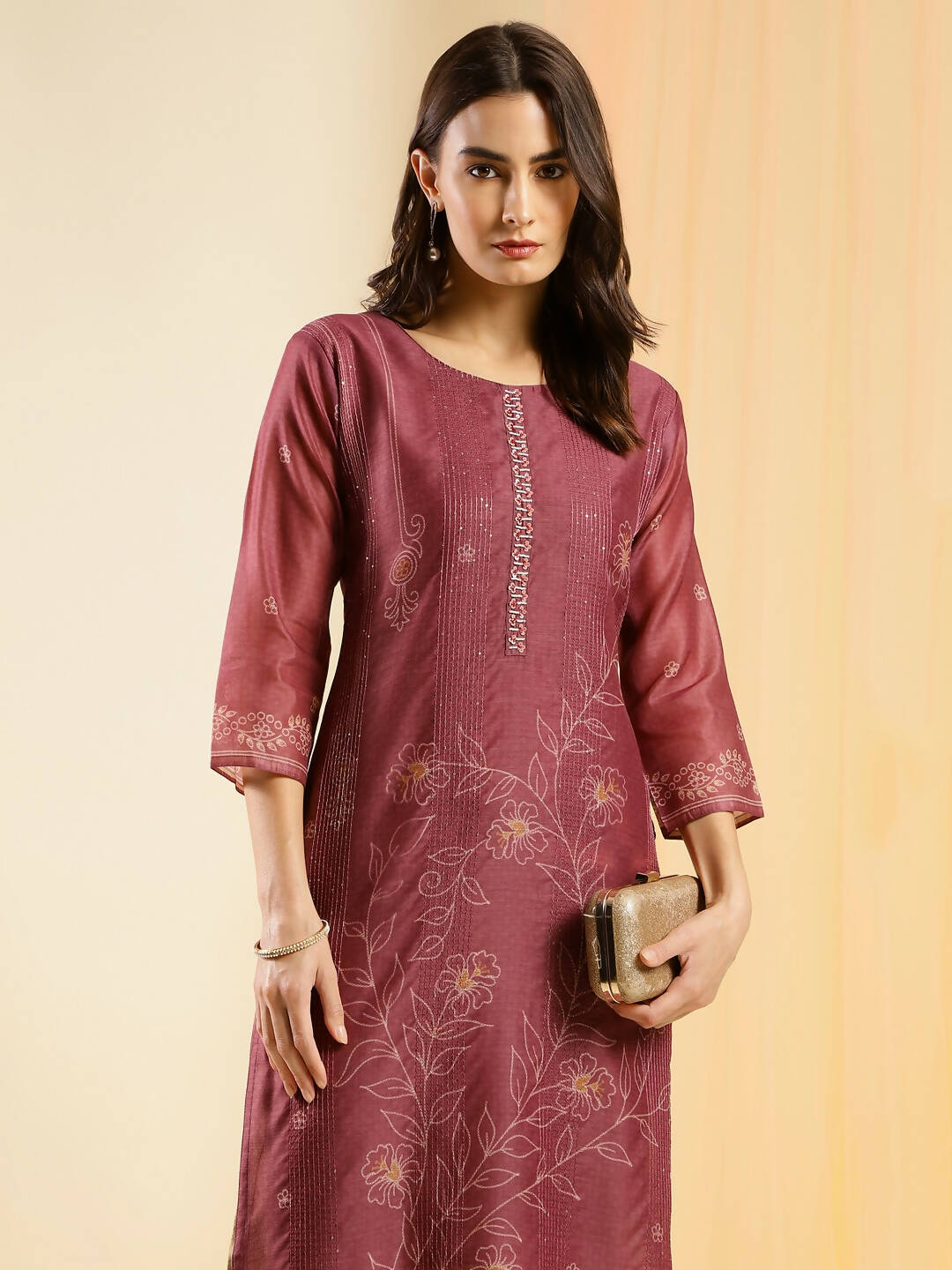 Maroon Chinon Digital Printed With Hand Work Kurta - Himanshi | Grocsy