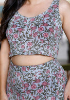 Miravan Women's Grey Floral Printed Crop Top And Skirt Co-Ord Set | Grocsy