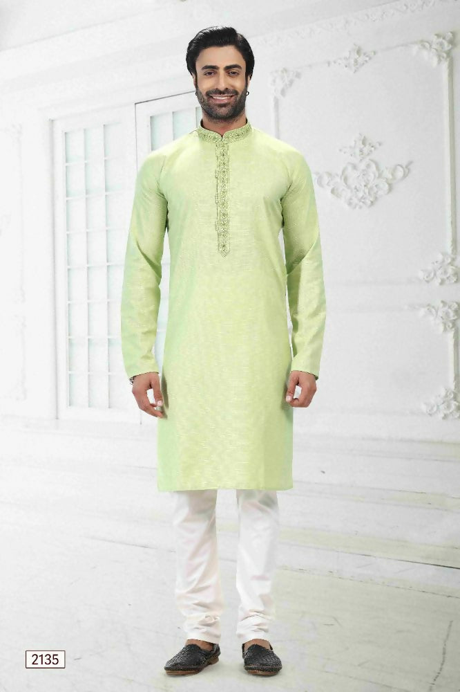Raivat Ethnic Linen Cotton Thread Work Kurta Pajama In Pista Green Colour | Grocsy