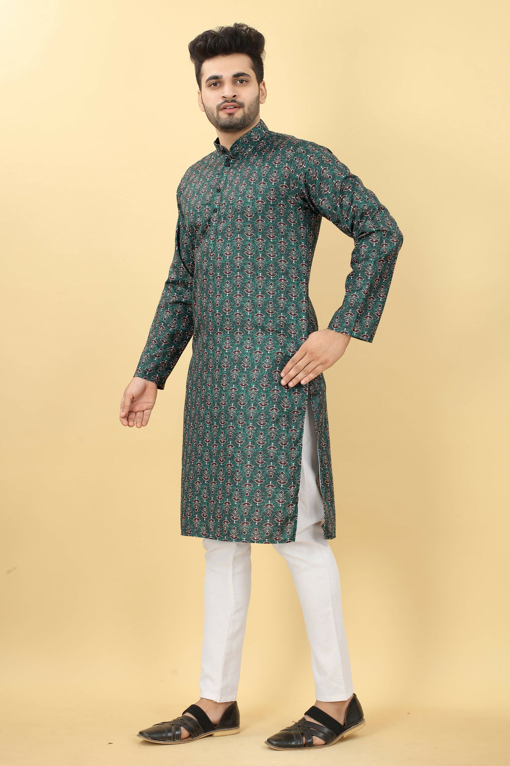 Teal Cotton Printed Men's Kurta - Mahotsav | Grocsy