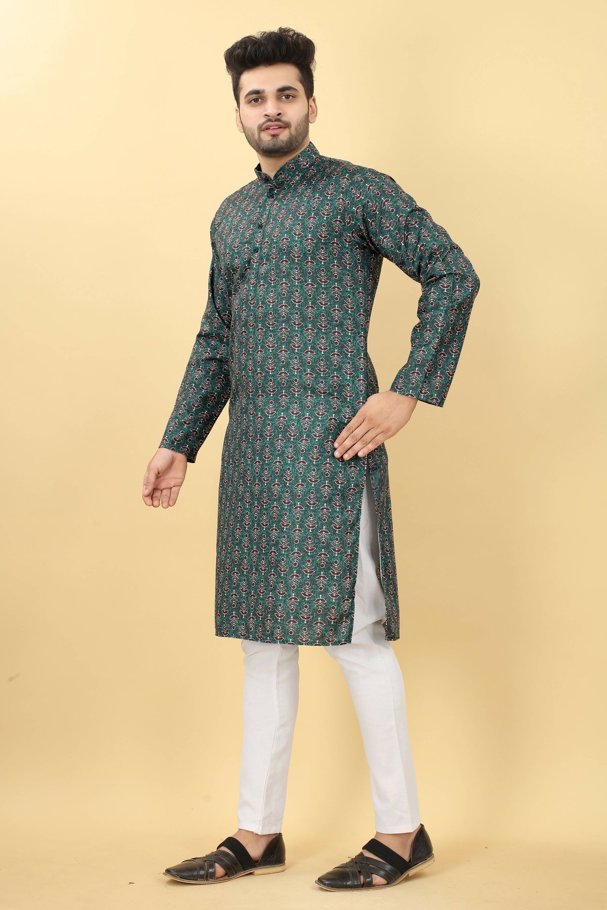 Teal Cotton Printed Men's Kurta - Mahotsav | Grocsy