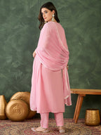 The52 Women's Beautiful Thread Work Cotton satin Fabric Flared Kurta Pant and Dupatta Set-Peach | Grocsy