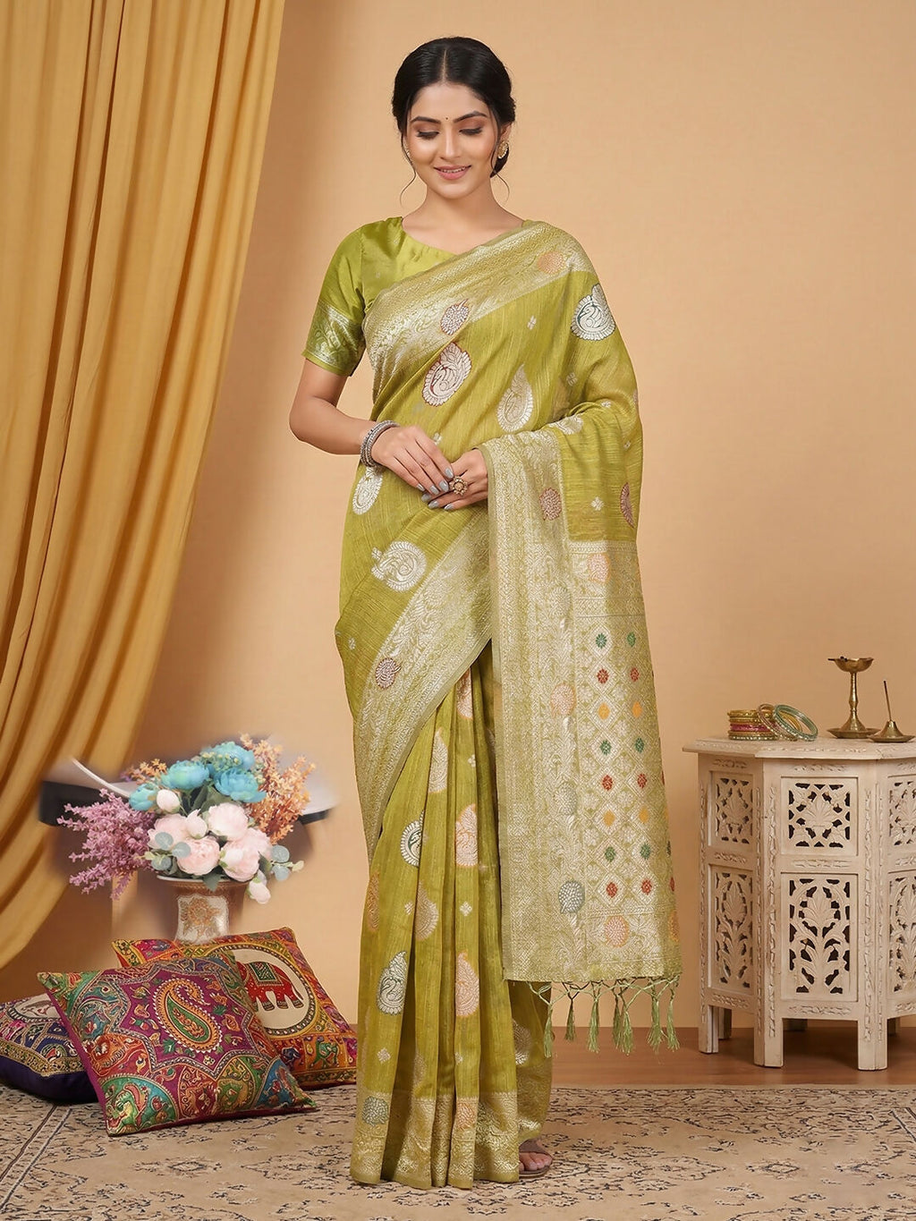 Shree Shyam Fashion Mustard Linen Cotton Saree | Grocsy