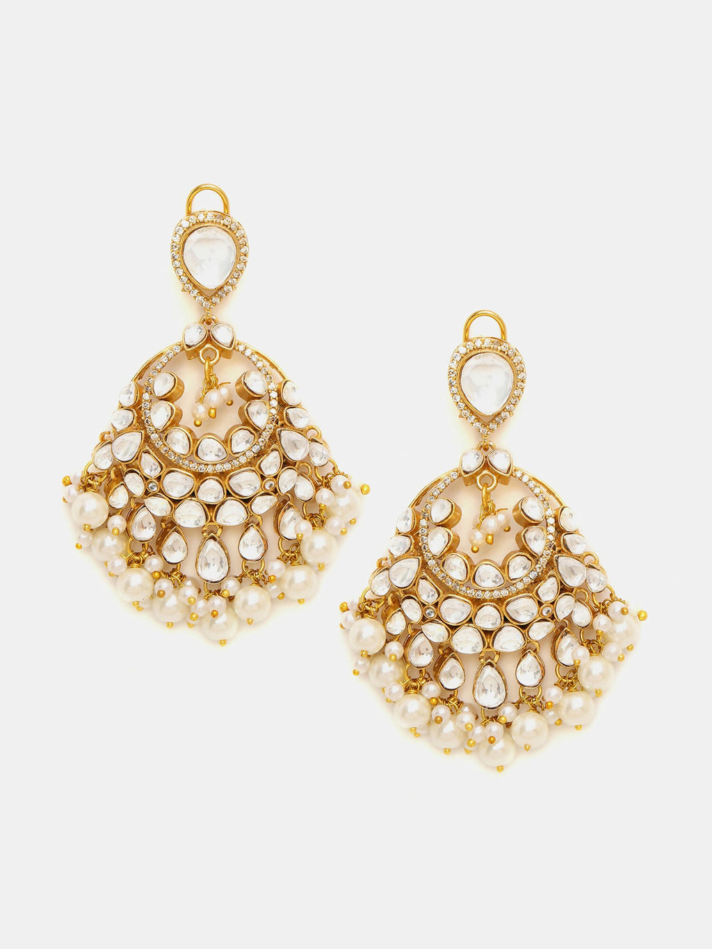 Ruby Raang Gold Polished White Chand Kundan Earrings | Grocsy