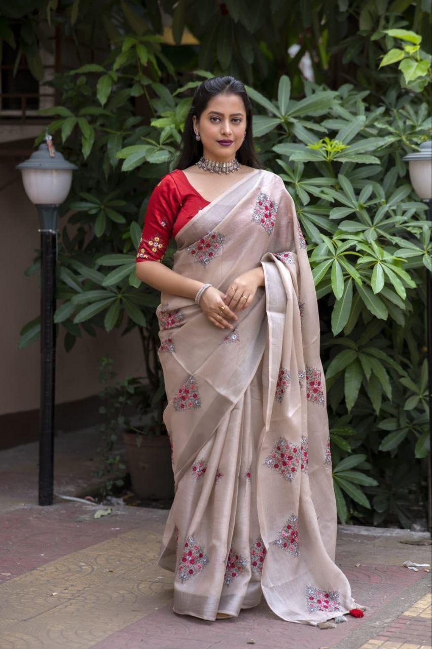 Fossil Pure Linen Ethnic Motifs Saree with Unstitched Blouse - A2M | Grocsy