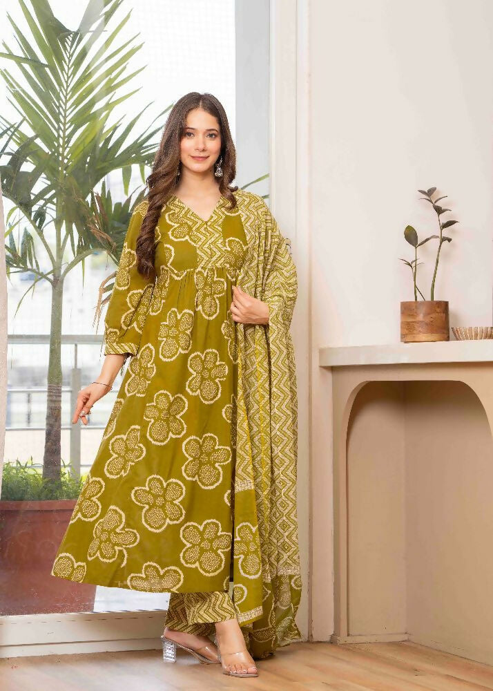 Jaimini Women Cotton Printed V-Neck 3/4 Sleeves Calf Length Flared Kurta Pant And Dupatta Set | Grocsy