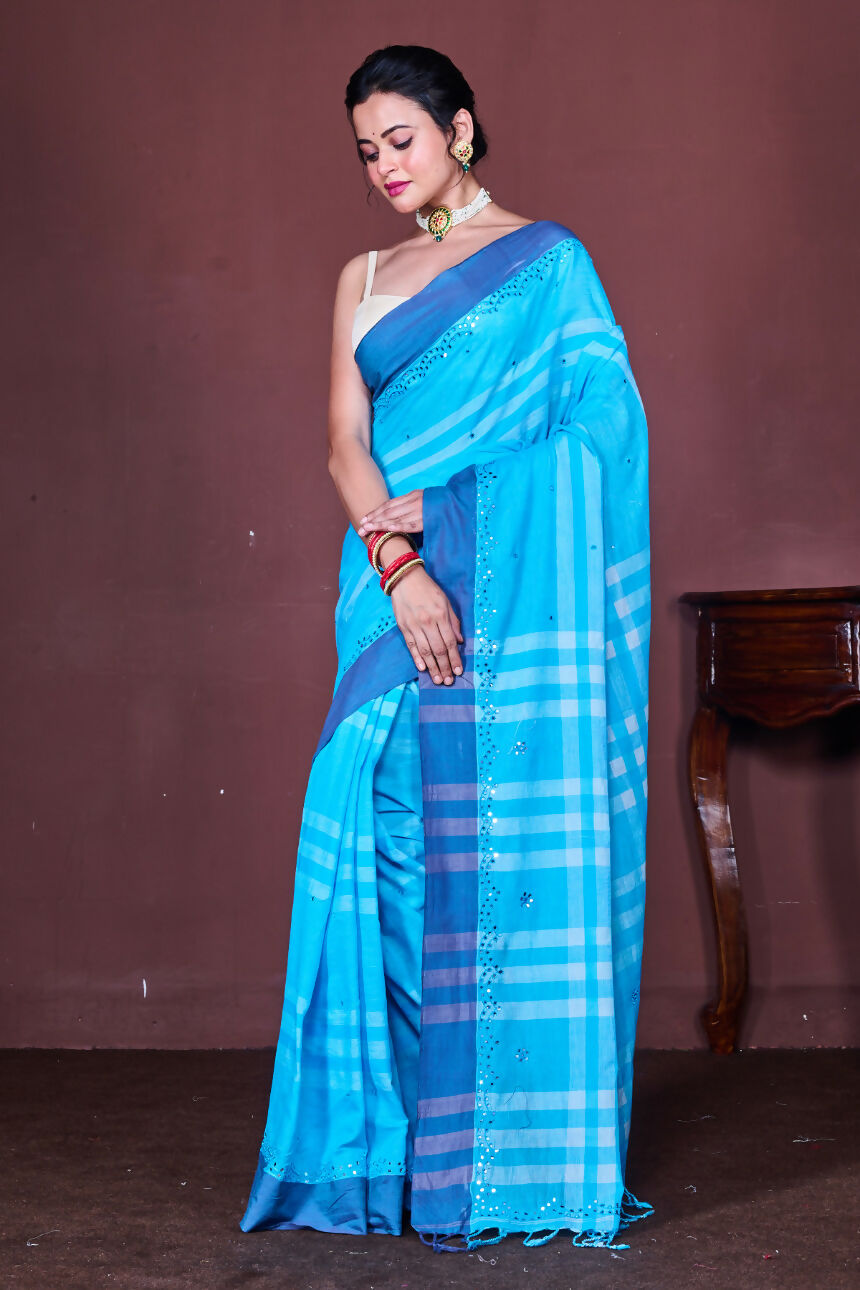Morchari Blue Cotton Handloom Mirror Work Saree Unstitched Blouse | Grocsy
