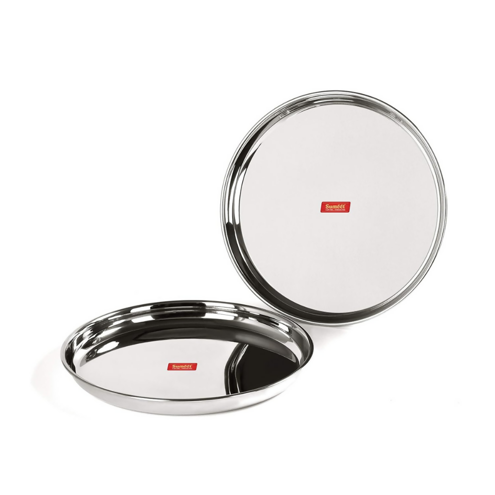 Sumeet Stainless Steel Heavy Gauge Deep Wall Dinner Plates with Mirror Finish | Grocsy