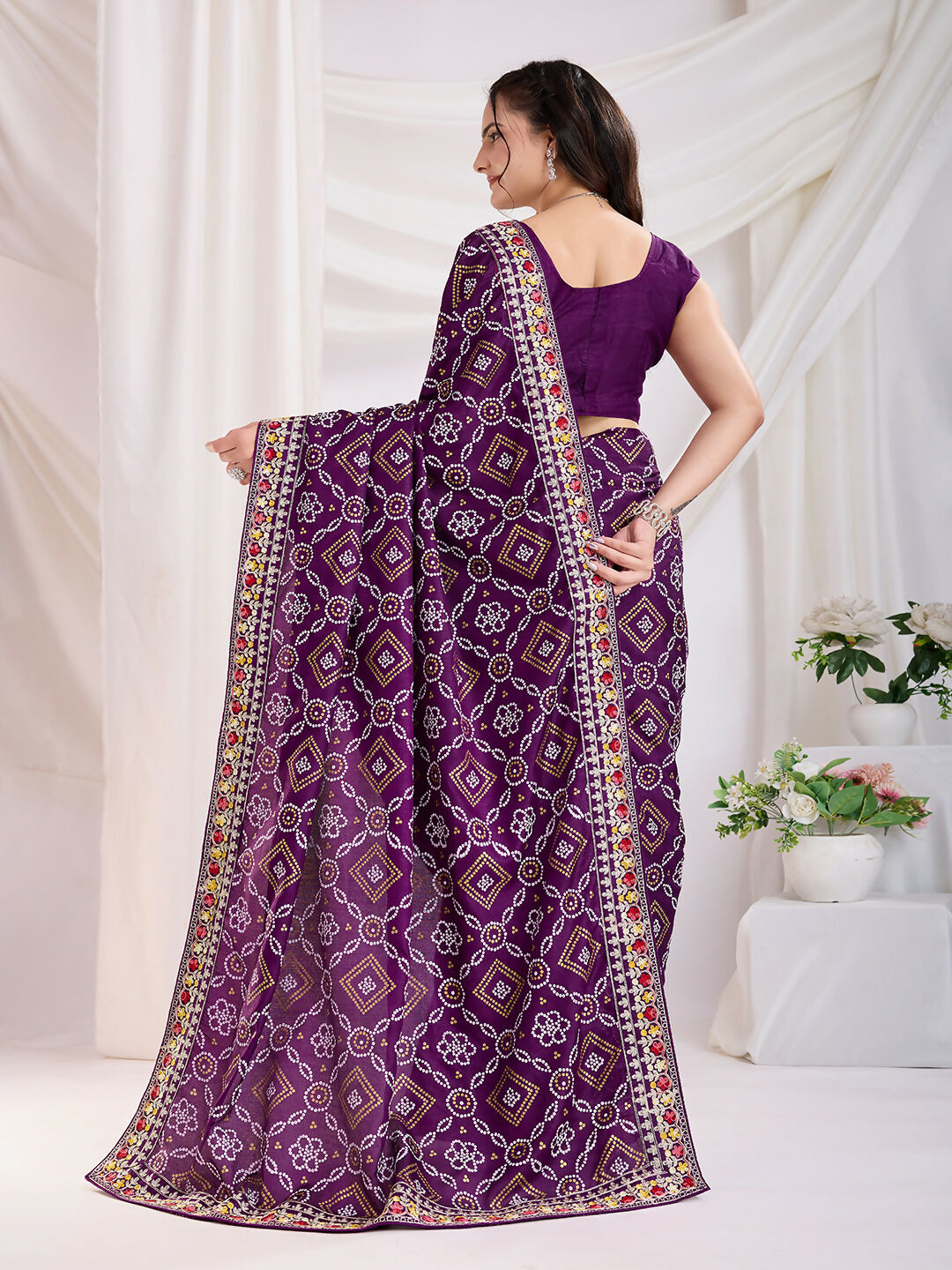 Voilet Vichitra Silk Bandhani Printed, Embroidery Work Saree - Ditya | Grocsy