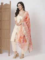 Peach PV Chanderi Embroidery Work,Printed Kurta Set - Riya | Grocsy
