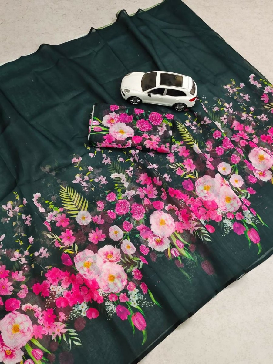 Arfa Fashion House Black Floral Pure Lilin Digital Printed Saree | Grocsy