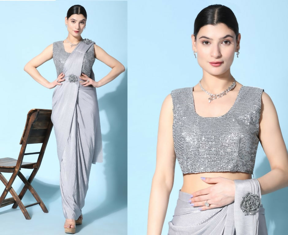 Grey Imported Crush Lycra Texture Pattern Ready to Wear Saree with stitched Blouse - Nirvana | Grocsy