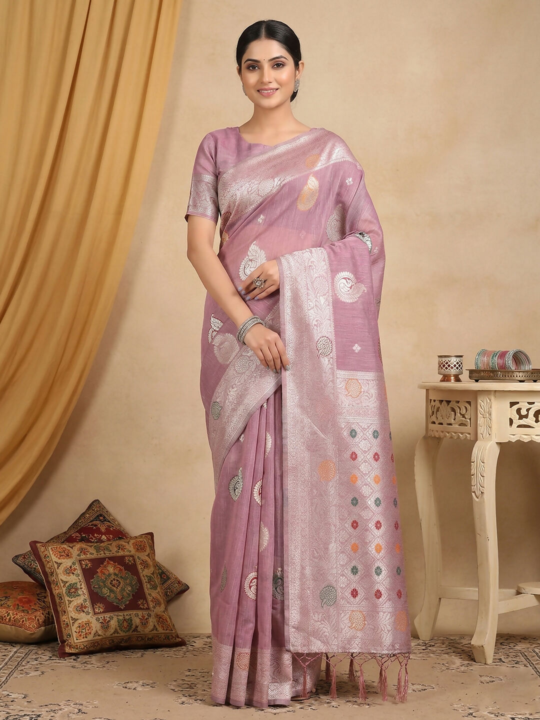 Shree Shyam Fashion Purple Linen Cotton Saree | Grocsy
