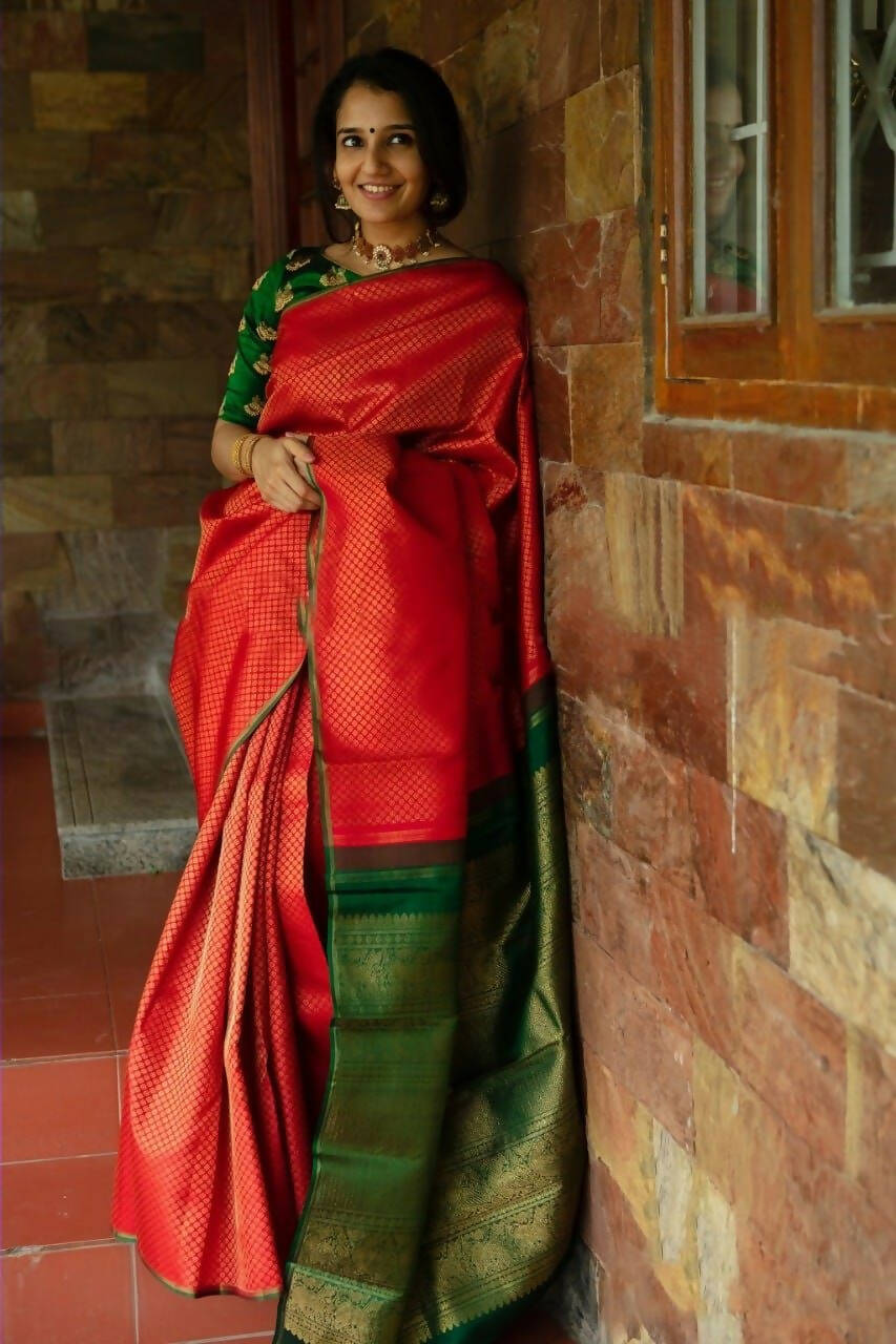 DEIANA'S Beautiful Designer Golden zari Soft Lichi Silk Saree - Red | Grocsy