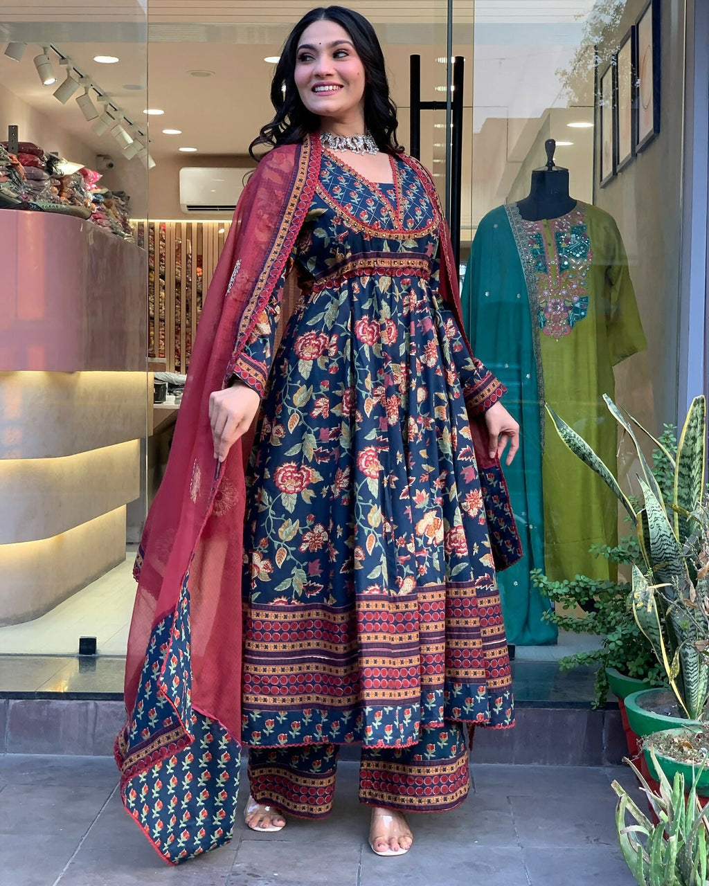 The52 Women's Beautiful Cotton Fabric Printed Work Flared Kurta Palazzo and Dupatta Set | Grocsy