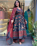 The52 Women's Beautiful Cotton Fabric Printed Work Flared Kurta Palazzo and Dupatta Set | Grocsy