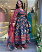 The52 Women's Beautiful Cotton Fabric Printed Work Flared Kurta Palazzo and Dupatta Set | Grocsy