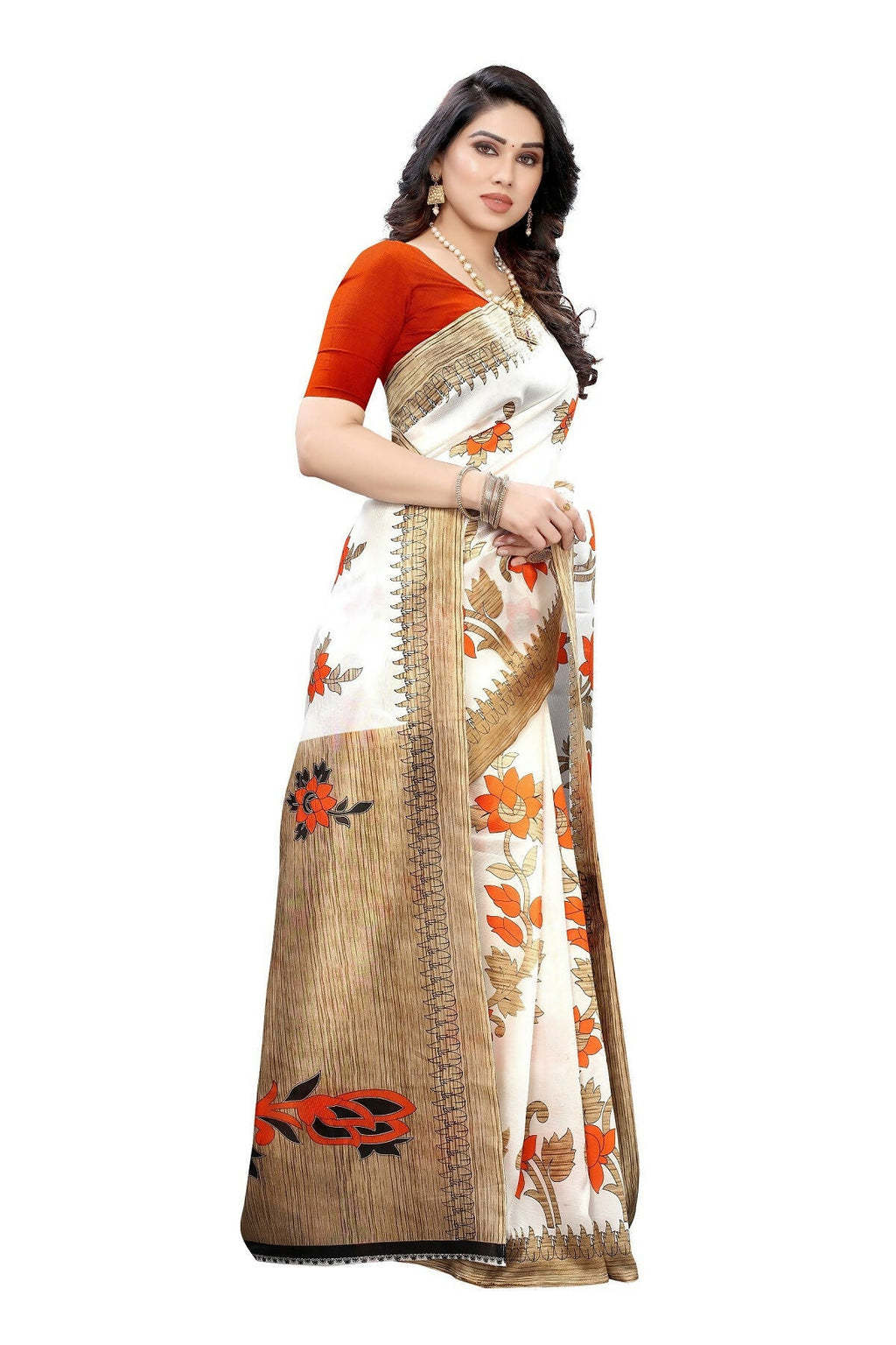 Vamika White Printed Art Silk Saree | Grocsy