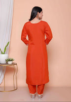 Miravan Womens Orange Embroidered Straight Kurta With Palazzo And Dupatta Set | Grocsy