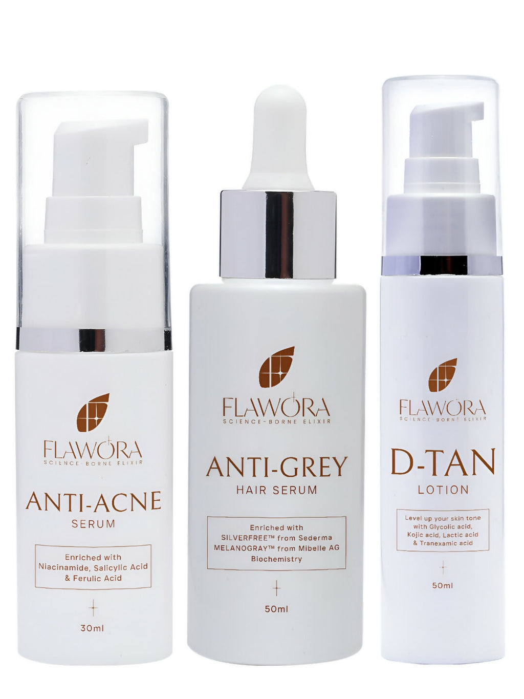 Flawora Set of Anti-Grey Hair Serum, Anti Acne Serum and D-Tan Lotion | Grocsy