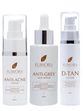 Flawora Set of Anti-Grey Hair Serum, Anti Acne Serum and D-Tan Lotion | Grocsy