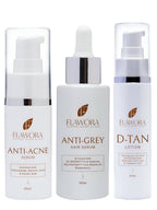 Flawora Set of Anti-Grey Hair Serum, Anti Acne Serum and D-Tan Lotion | Grocsy