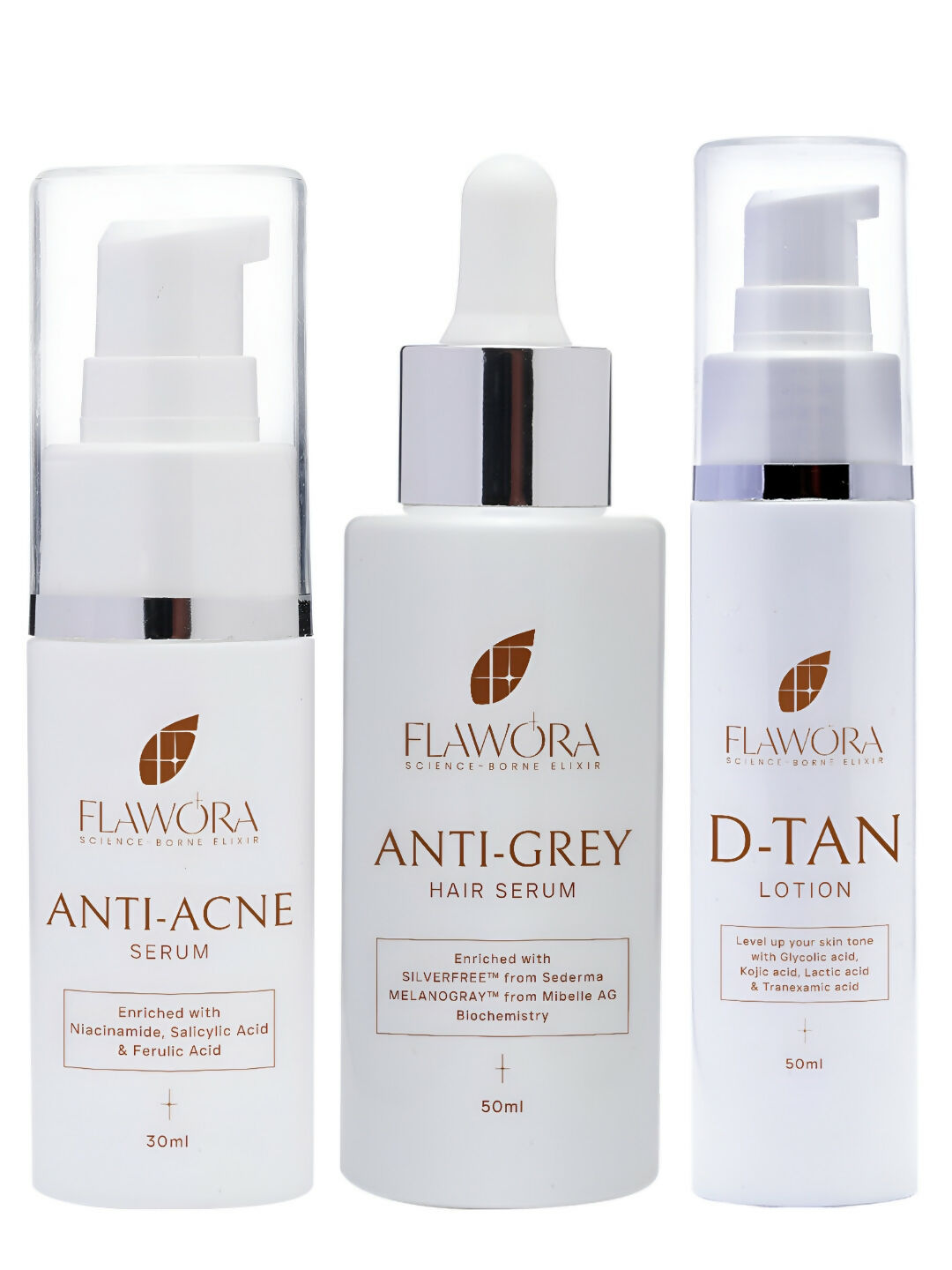 Flawora Set of Anti-Grey Hair Serum, Anti Acne Serum and D-Tan Lotion | Grocsy