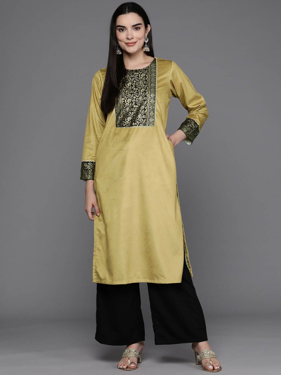 Ahalyaa Women Floral Yoke Design Gotta Patti Velvet Kurta - Mustard Color | Grocsy