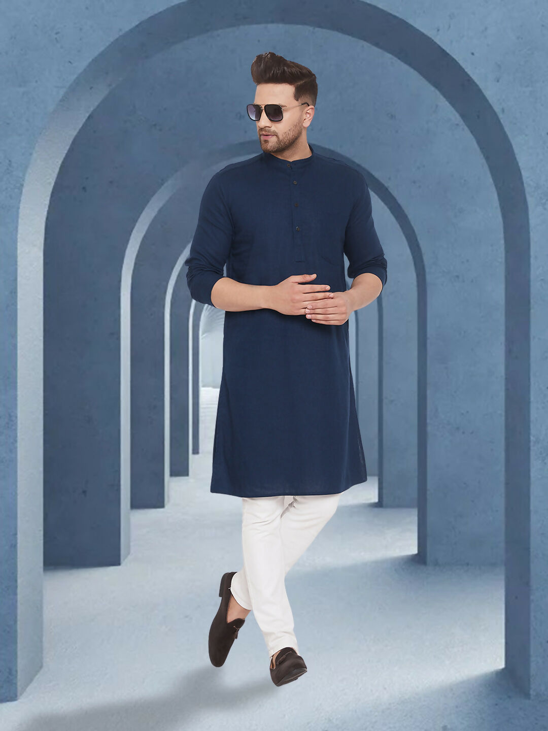 Even Apparels Men's Pure Cotton Blue Kurta | Grocsy