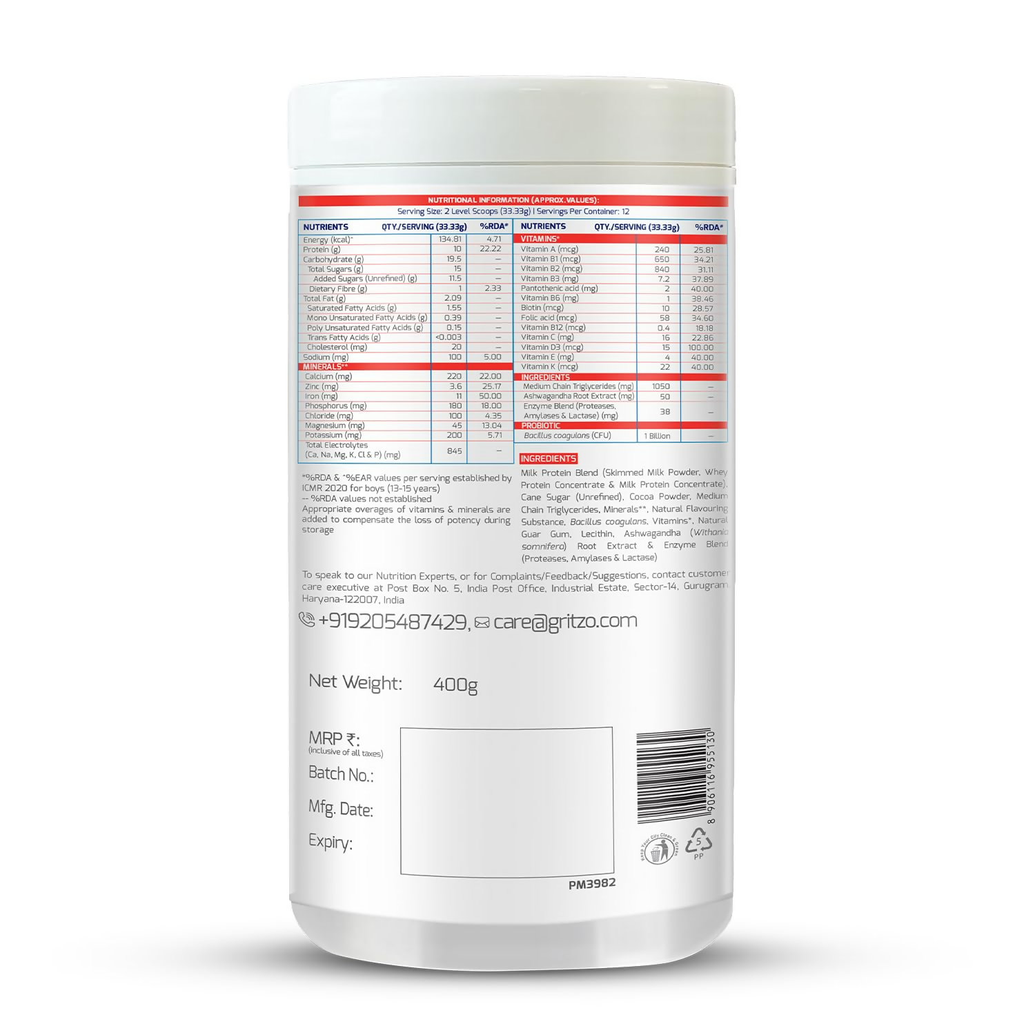 Gritzo SuperMilk Weight+ (13+y Boys), 10g Protein Powder (Double Chocolate) | Grocsy