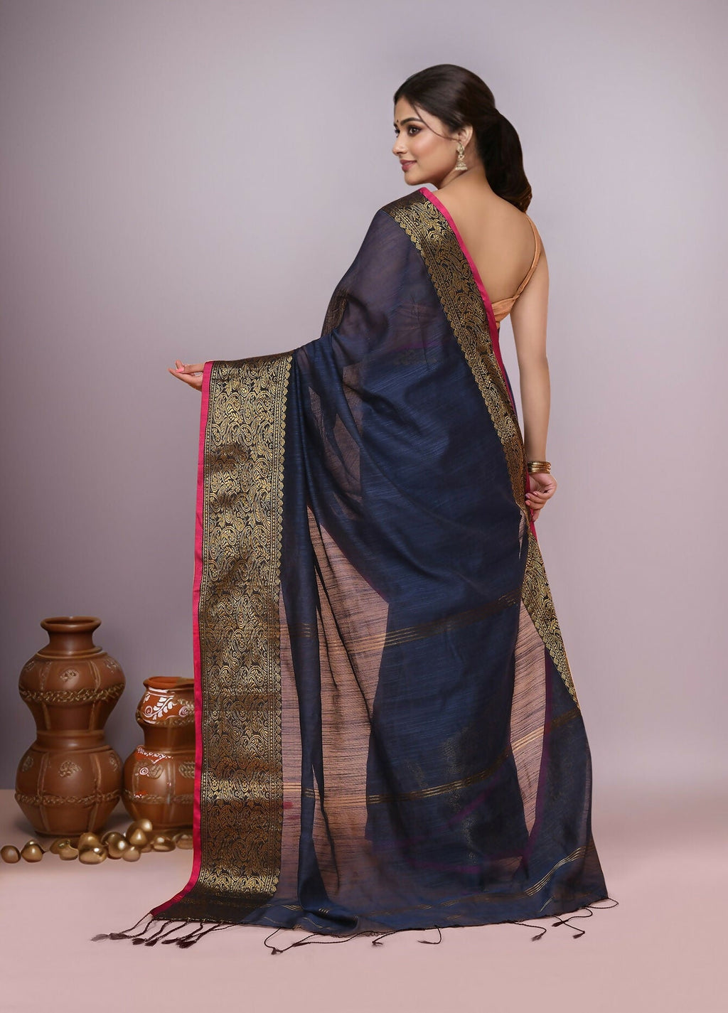 Joban Fashion Navy Blue Cotton Blend Handloom Saree | Grocsy