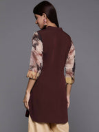 Ahalyaa Brown & Gold-Toned Mandarin Collar Printed Tunic - Brown Color | Grocsy