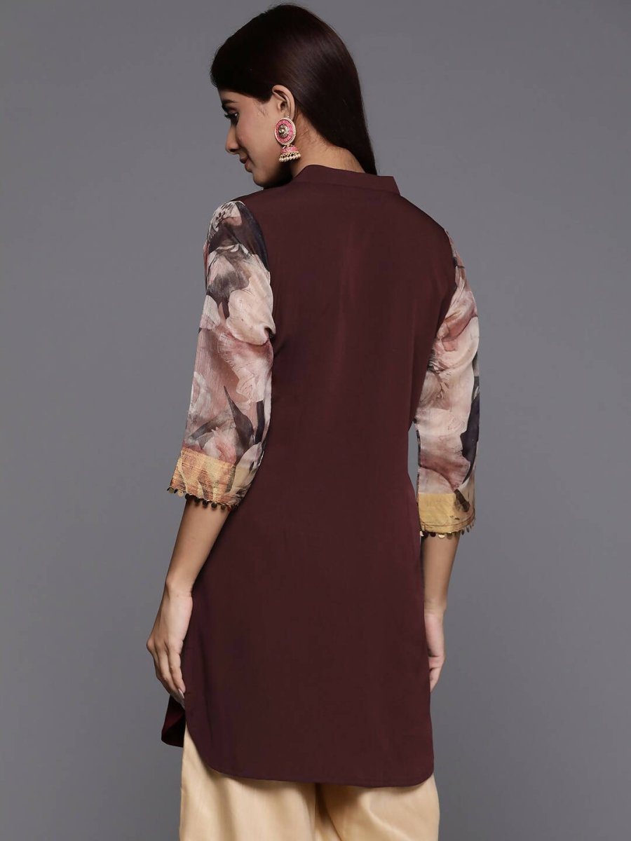 Ahalyaa Brown & Gold-Toned Mandarin Collar Printed Tunic - Brown Color | Grocsy