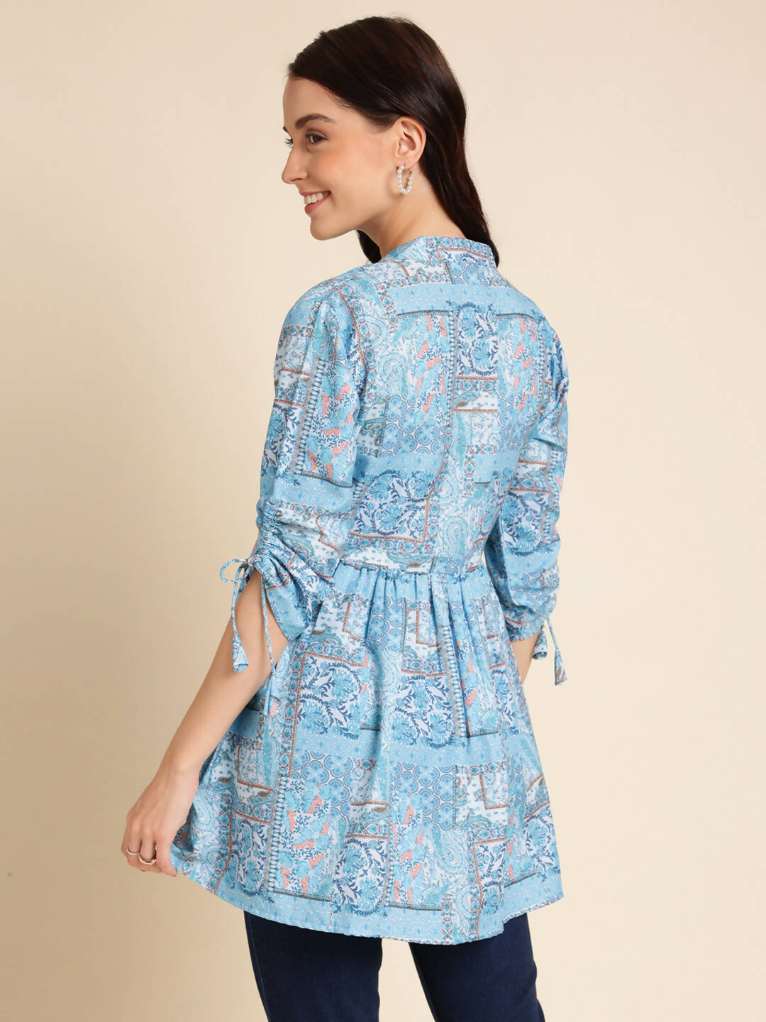 Light Blue Poly Rayon Digital Printed A-line Top - Tarini | Grocsy