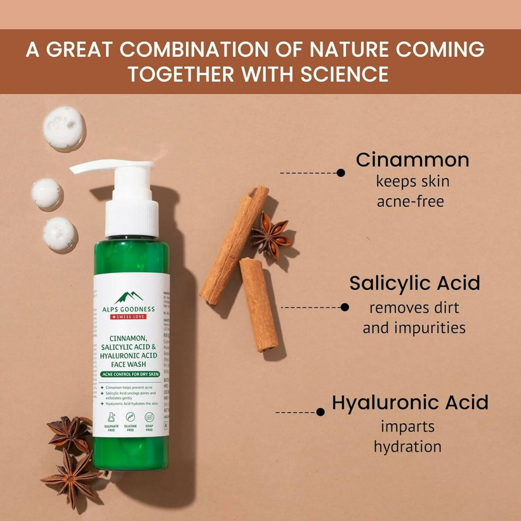 Alps Goodness Cinnamon, Salicylic Acid & Hyaluronic Acid Facewash | Grocsy