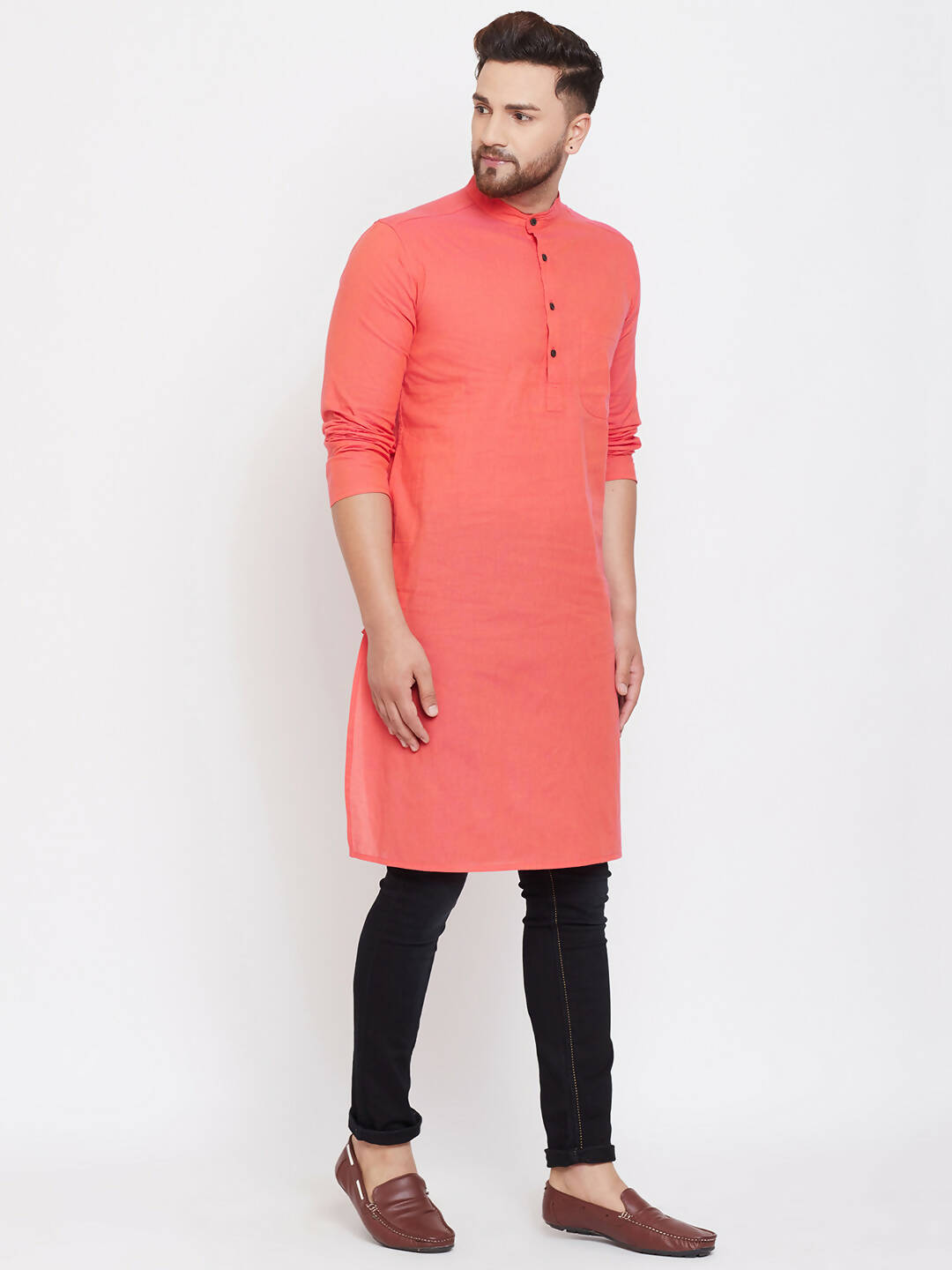 Even Apparels Red Pure Cotton Men's Kurta With Band Collar | Grocsy