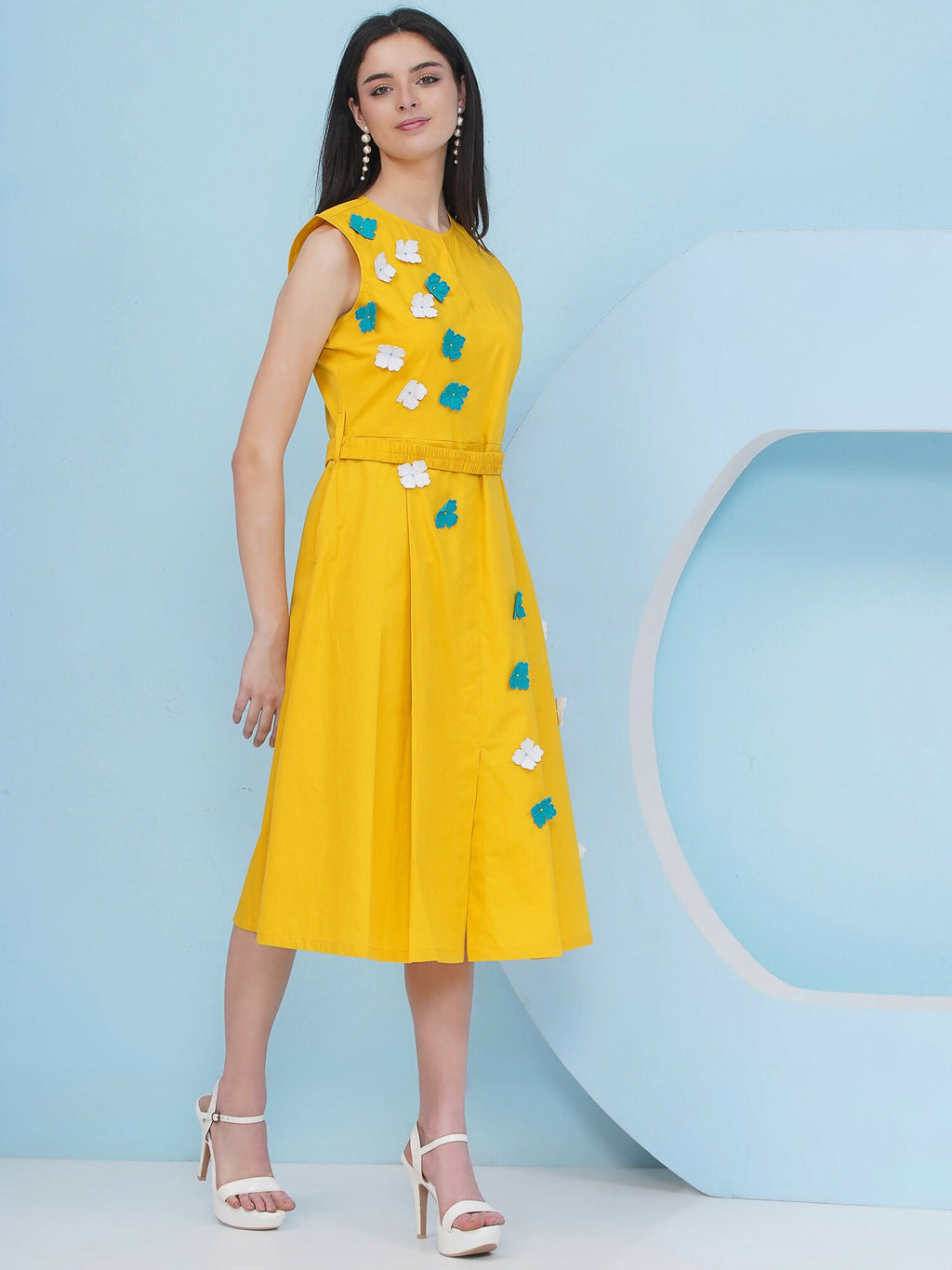 Joban Fashion Yellow Dress with 3D Flower Embroidery and Belt | Grocsy