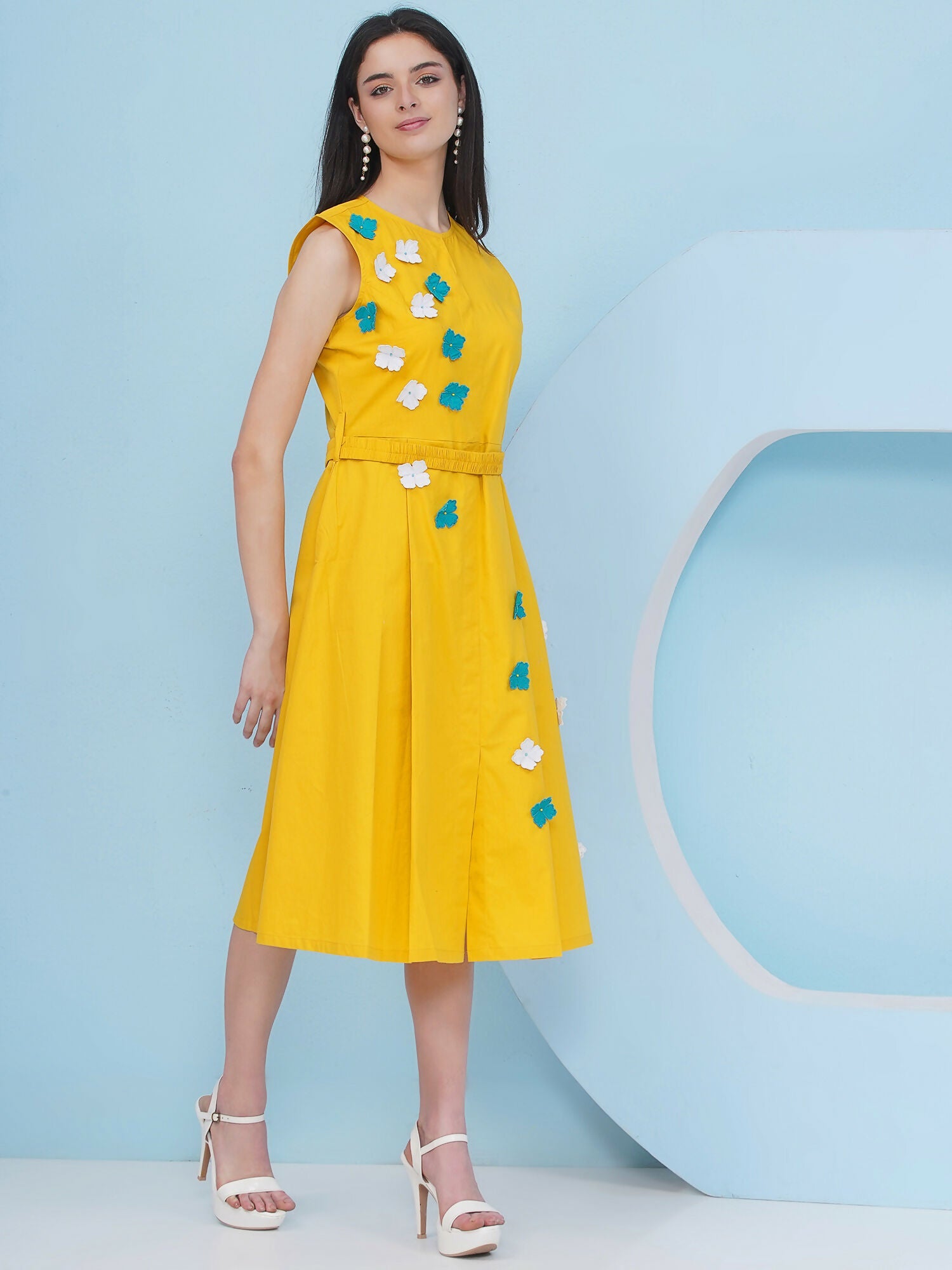 Joban Fashion Yellow Dress with 3D Flower Embroidery and Belt | Grocsy