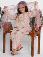 Little Bansi Floral Shiffli Kurta With Plazzo And Dupatta - Brown | Grocsy