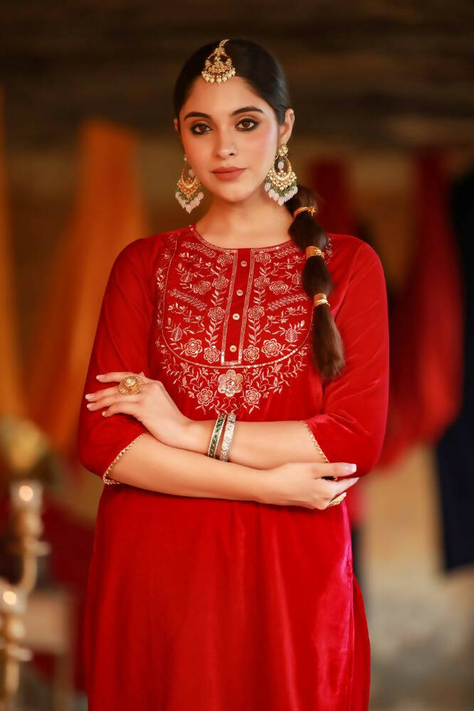 Juniper Women Fuchsia Velvet Embroidered Straight Kurta Sets | Grocsy