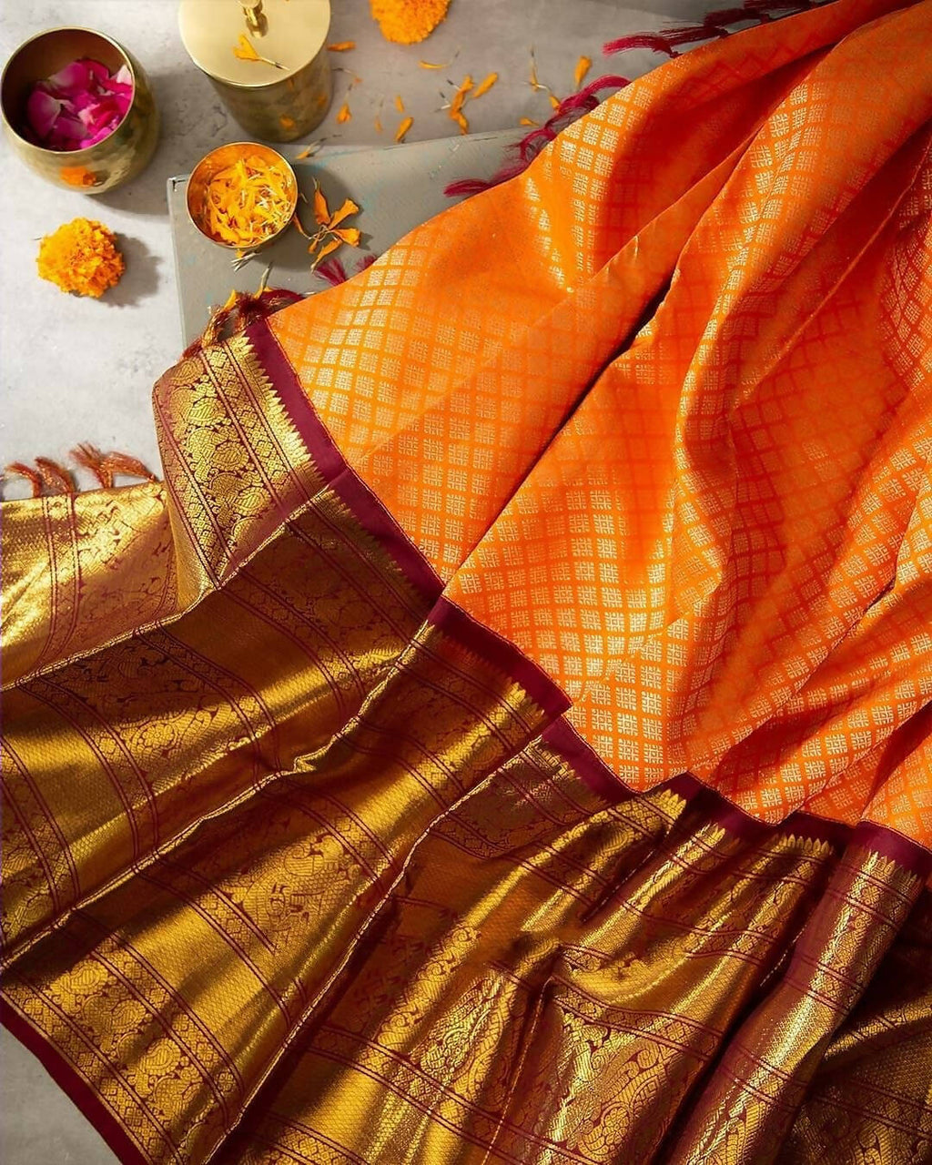 DEIANA'S Beautiful Designer Golden zari Soft Lichi Silk Saree - Orange | Grocsy