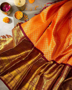 DEIANA'S Beautiful Designer Golden zari Soft Lichi Silk Saree - Orange | Grocsy