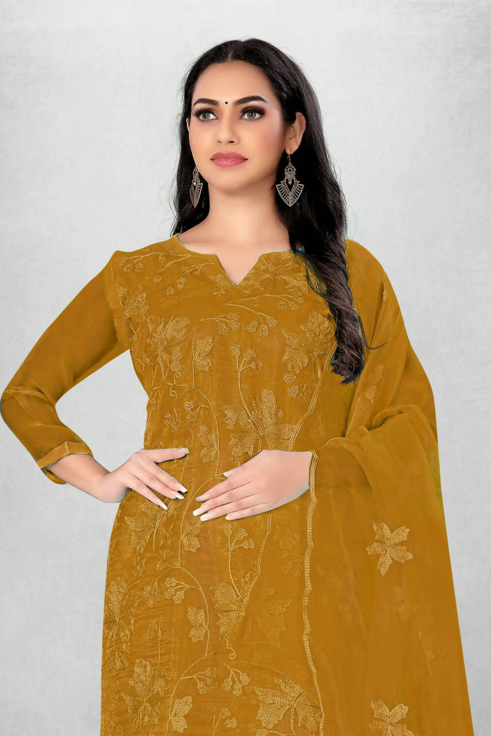 Mustard Heavy Organza Silk Embroidered Unstitched Dress Material - Amara | Grocsy