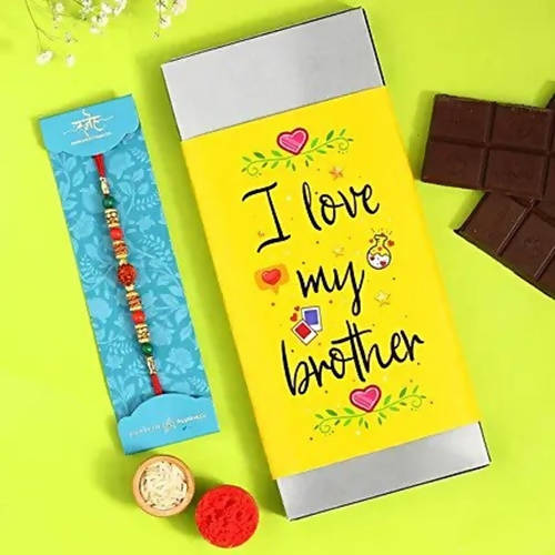 Rudraksha Rakhi & Love My Brother Amul Chocolate Sleeve | Grocsy