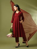 Myshka Women's Maroon Embroidered Cotton A-Line Party Kurta Set With Dupatta | Grocsy